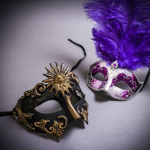 Black Gold Men Roman Greek Emperor & Purple Feather Women Mardi Gras Eye Mask